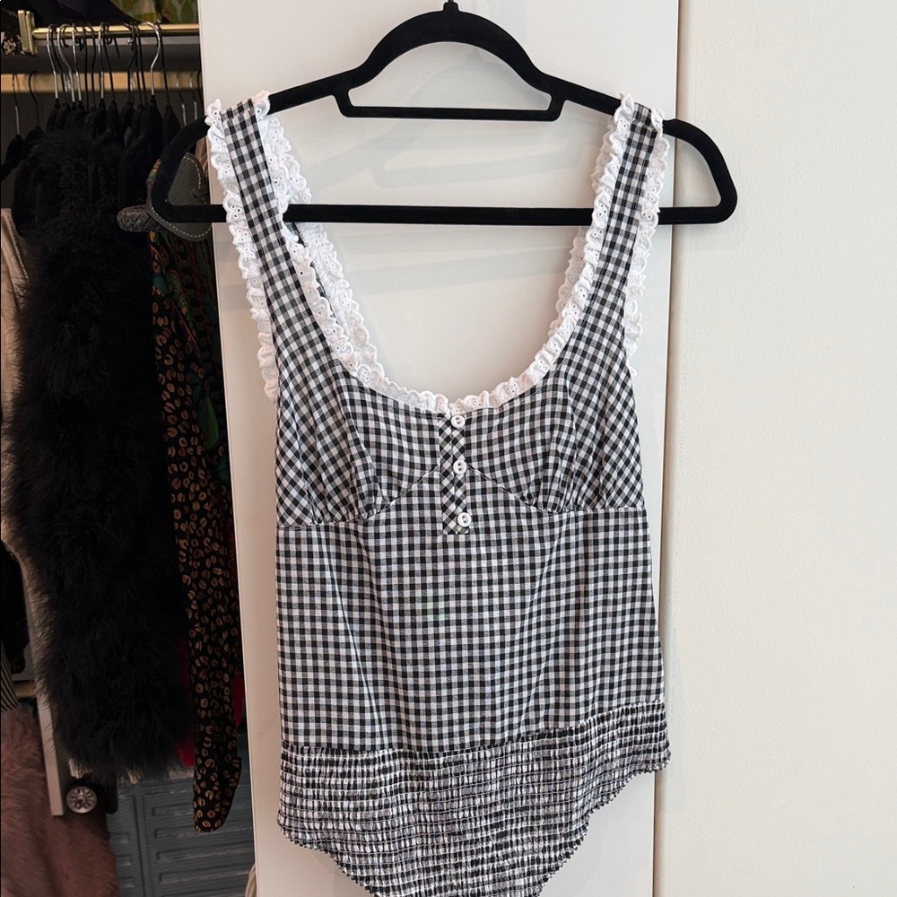 Free People Black and White Checkered Lace Trim Top